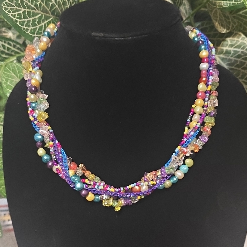 Multicolor Multistand Faux Pearls, Seed Beads Necklace